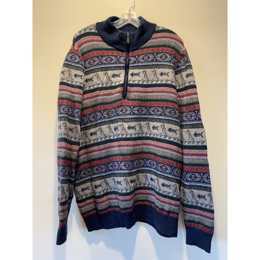 Vineyard Vines Men’s Quarter Zip Sweater Wool Alpaca Fair Isle Navy Red Gray XL
